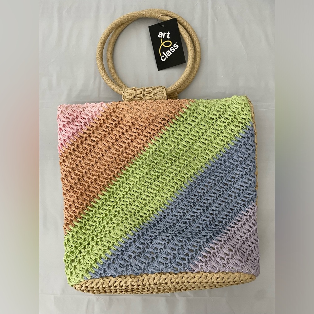 Art Class girls striped paper straw tote bag NWT